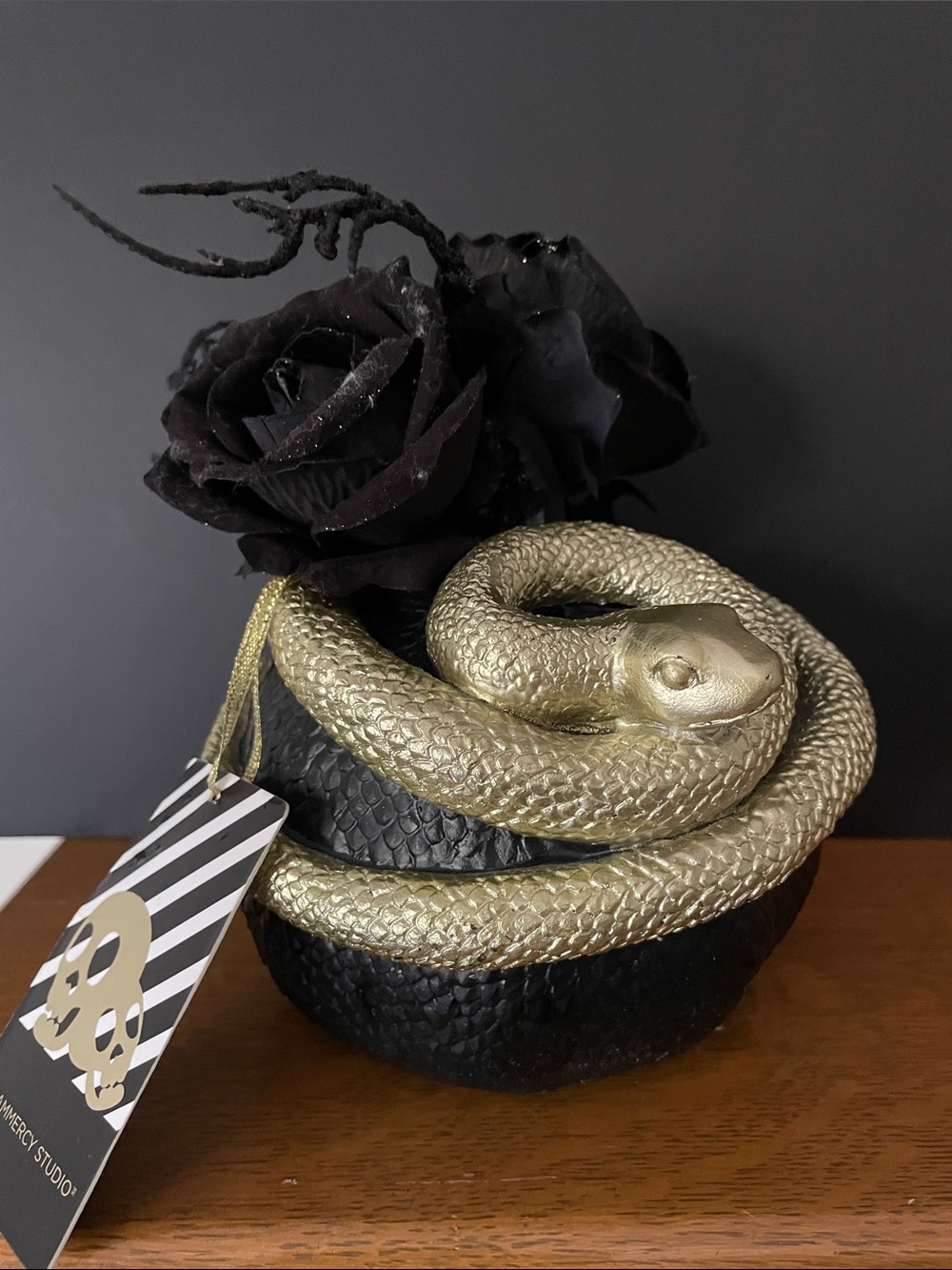 Decorative Gold Snake Accent orb with Black Rose - Home Accents